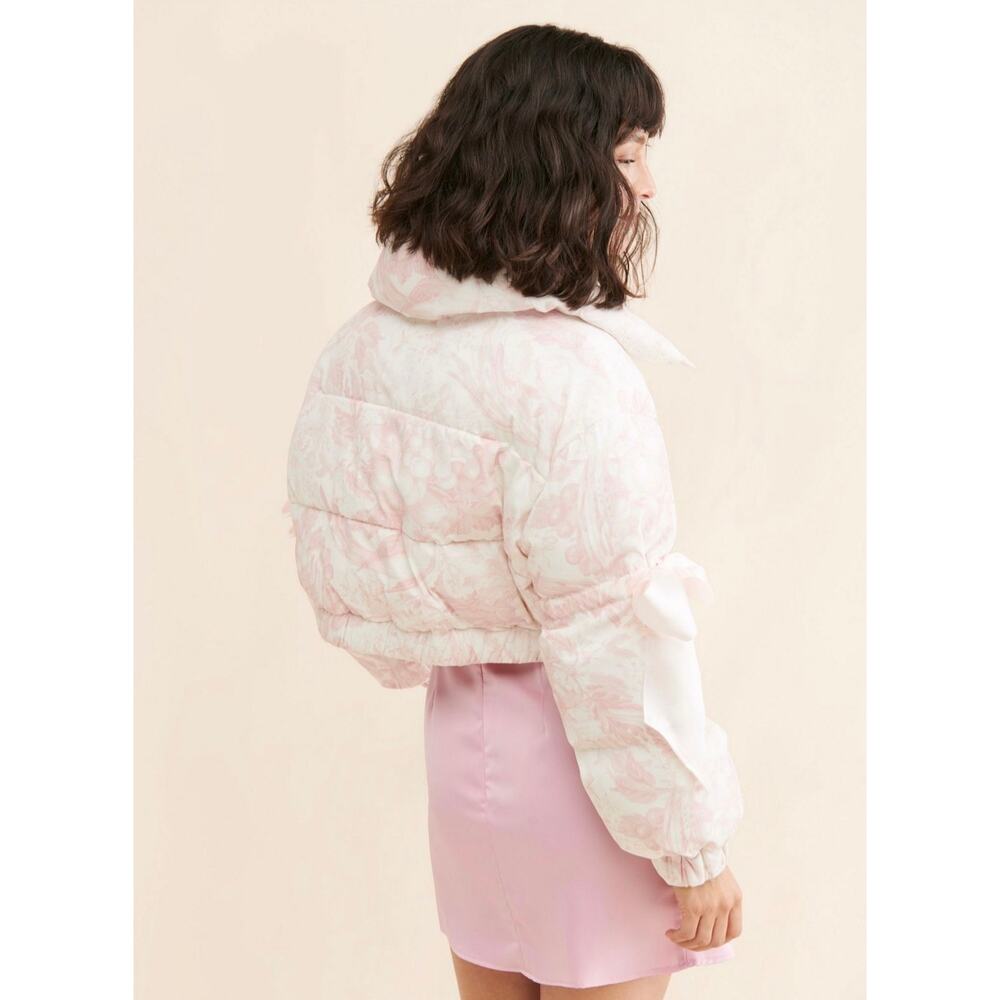 Free People Selkie Marshmallow Printed Puffer Womens 5X Jacket Pink Floral Bows - Picture 3 of 7